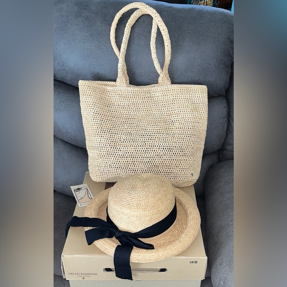 Helen Kaminski Natural Straw Hat with Black Ribbon and Matching Straw Tote